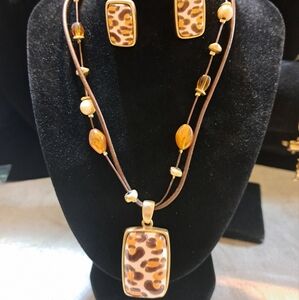 Chico's Leopard Print Necklace Set with Brown and Gold Accents